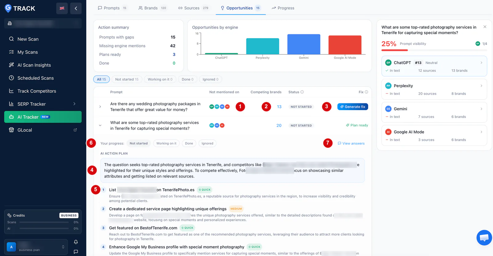 Opportunities tab of GTrack AI Tracker: action summary, missed mentions by engine, and an AI action plan with numbered steps tagged Quick or Medium