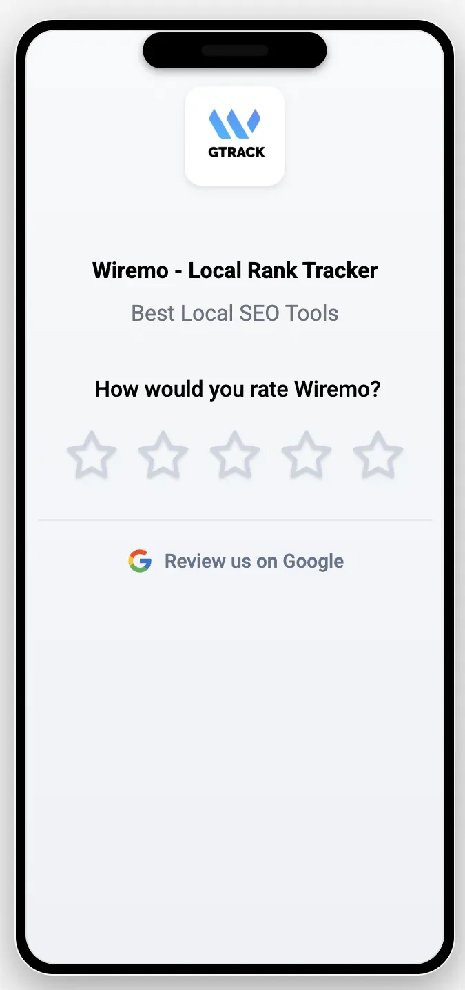 The GLocal review landing page on a phone: the business logo and name, a star rating question and a Review us on Google button