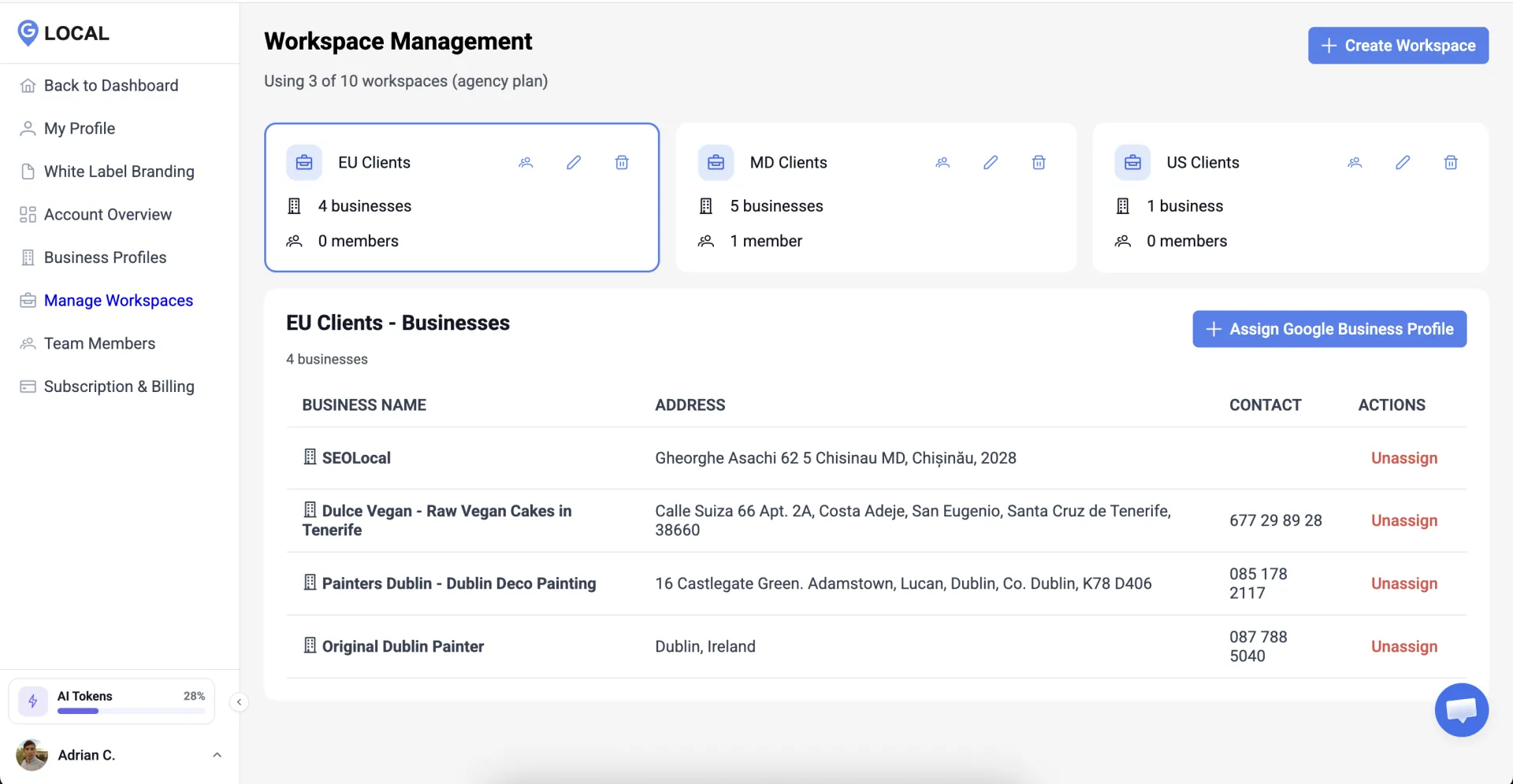 GLocal agency workspace managing multiple Google Business Profiles