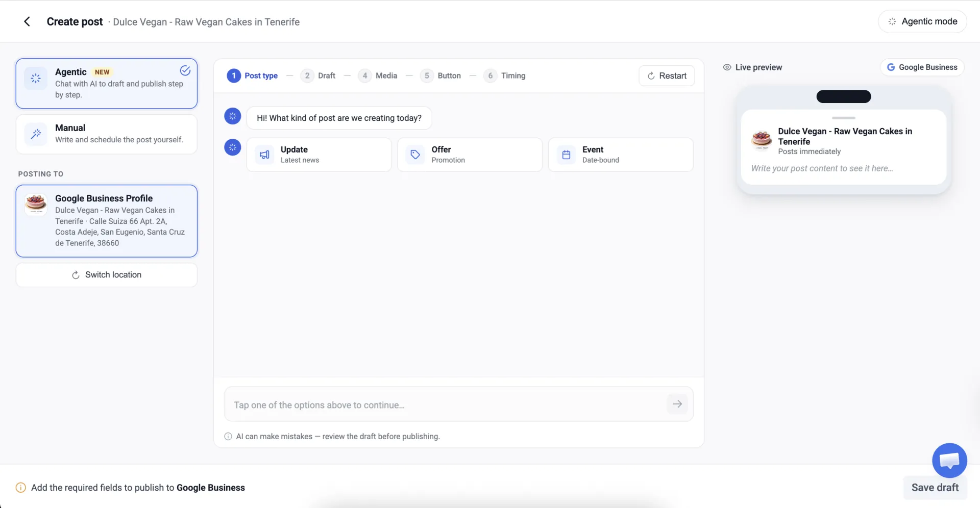 GLocal post scheduler creating an AI-assisted Google Business Profile post