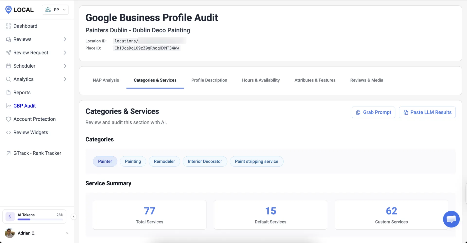 GLocal GBP audit scoring a Google Business Profile across six areas