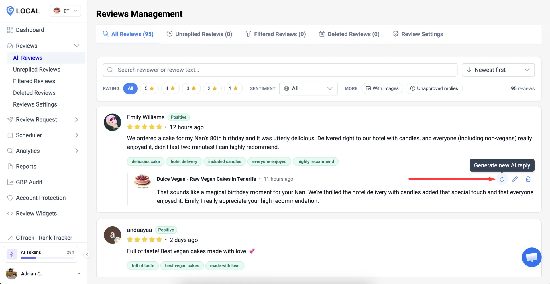 GLocal AI review management interface replying to a Google review