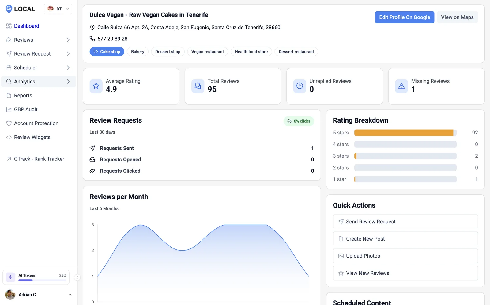 GLocal dashboard managing a Google Business Profile in one place: reviews, posts, analytics, and quick actions across every location.