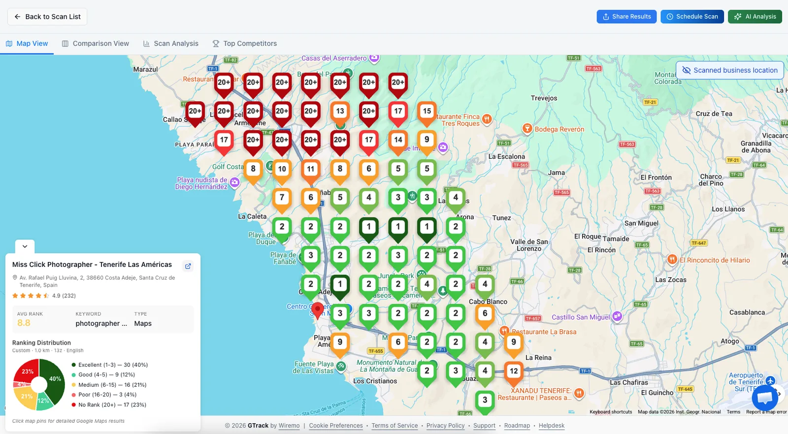 GTrack draw mode scan of a photographer's Google Maps rank across a custom-drawn area in Tenerife: green rank 1 to 3 pins near the studio fading to red pins where the business stops ranking.