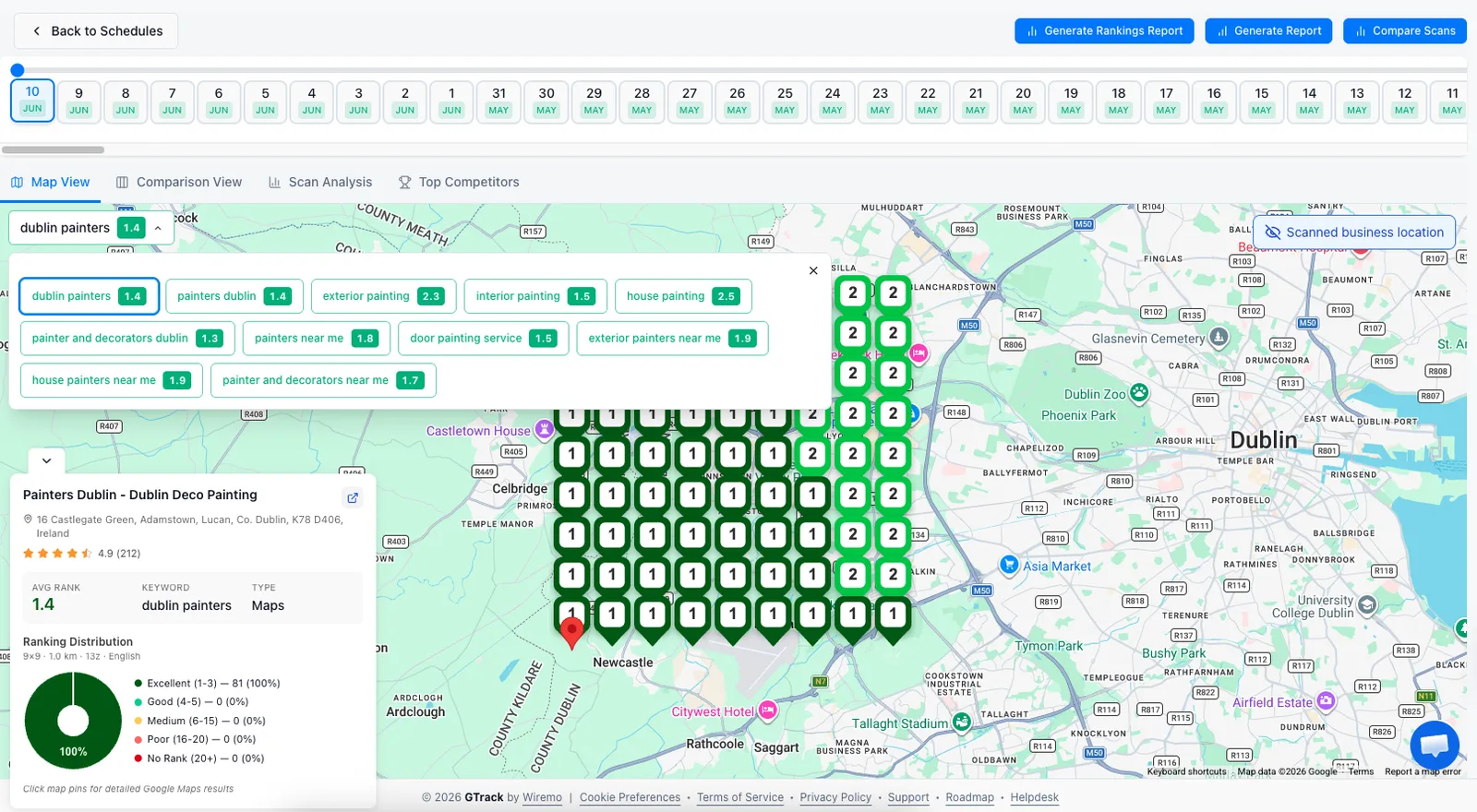 GTrack scheduled scan history: a date timeline, one chip per tracked keyword, the interactive Google Maps ranking grid for a past run, and a Compare Scans button for side-by-side reports.