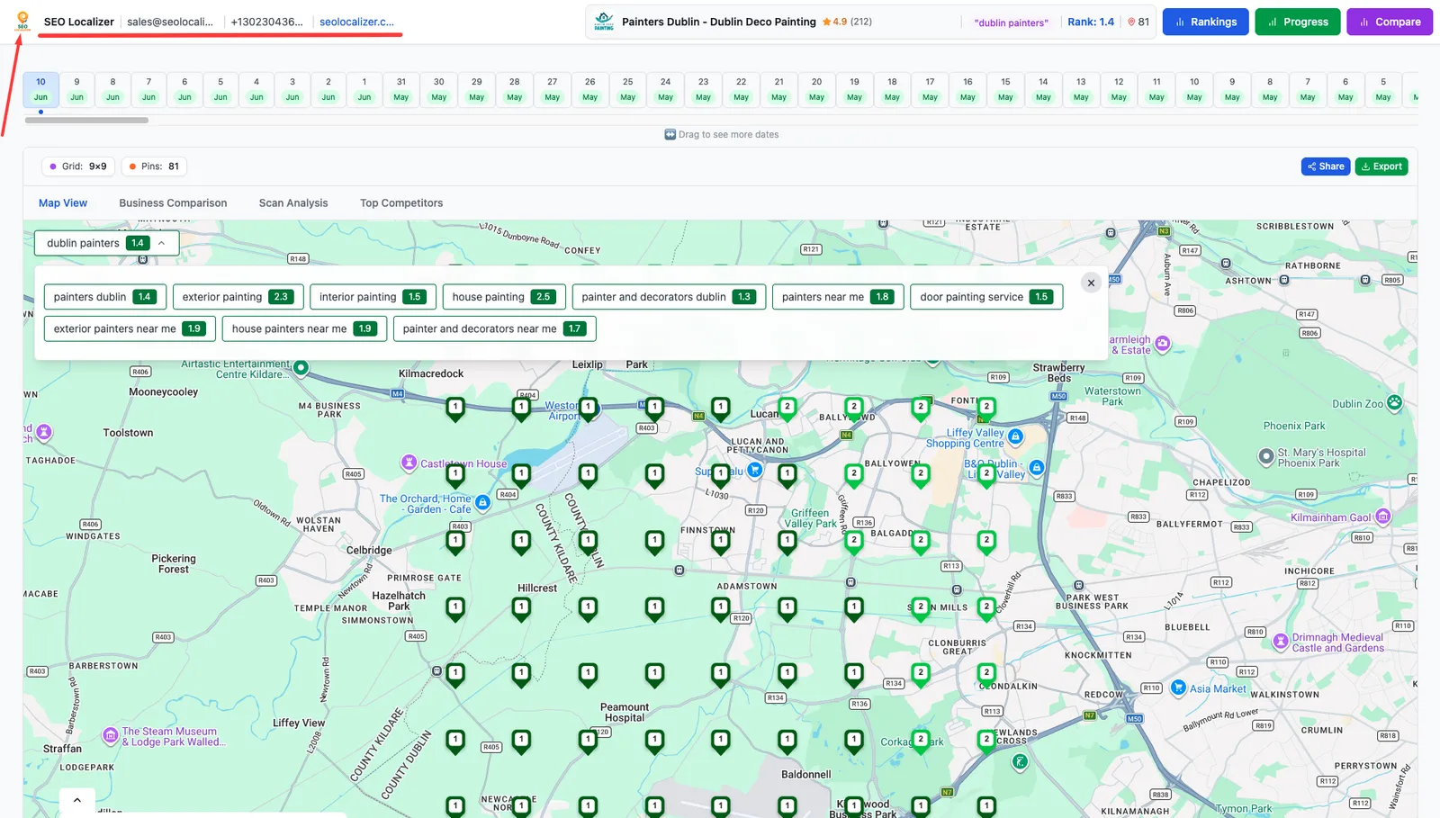 A live white-label GTrack ranking report under an agency's own branding: date timeline, tracked keywords with average ranks, and the client's Google Maps ranking grid.