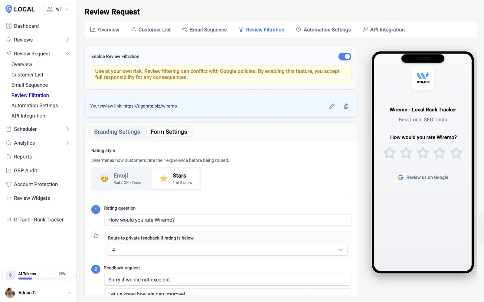 GLocal review filtration settings routing customers who rate below 4 stars to private feedback, with a live phone preview of the review landing page.