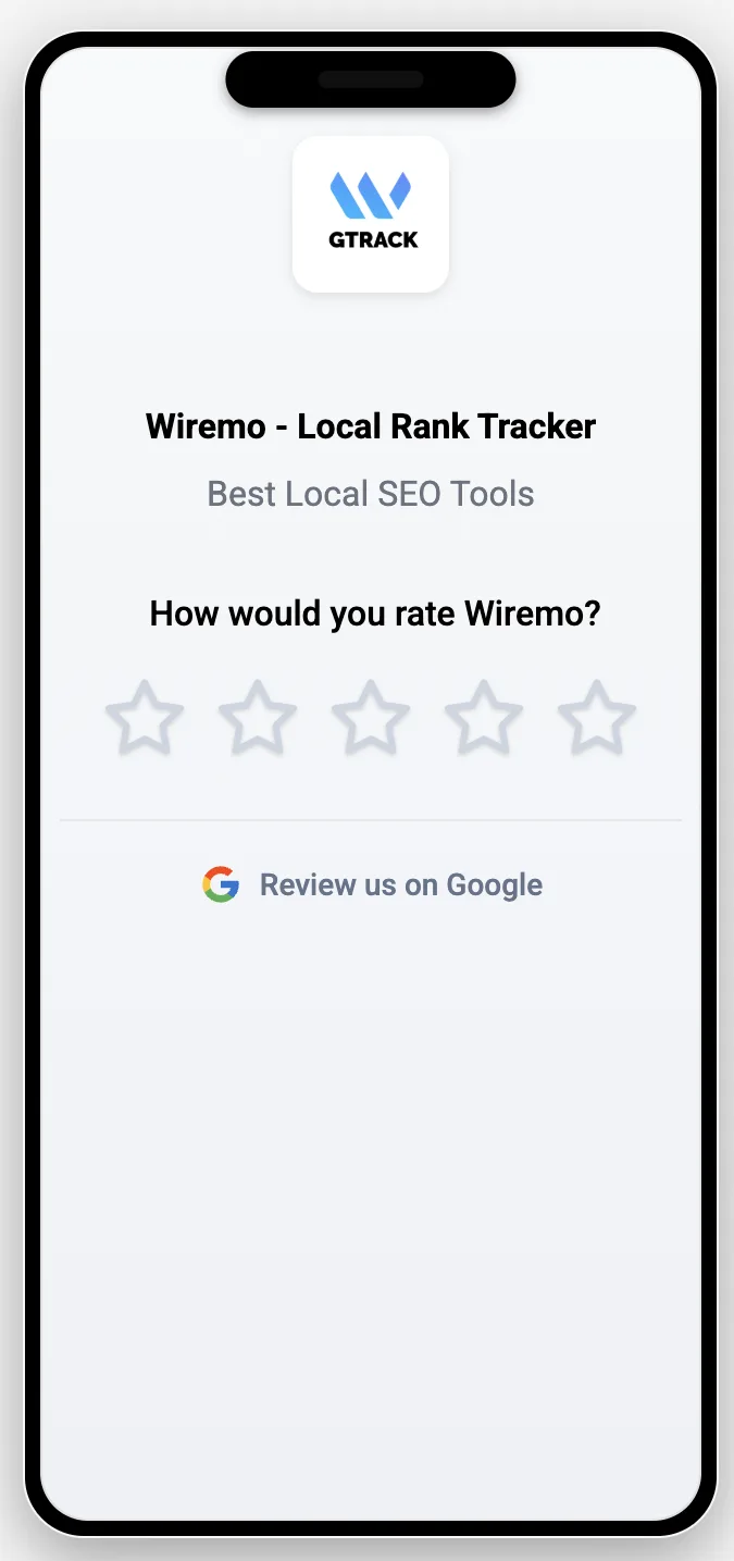 GLocal mobile review landing page with a star rating and a Review us on Google button shown to every customer regardless of rating.