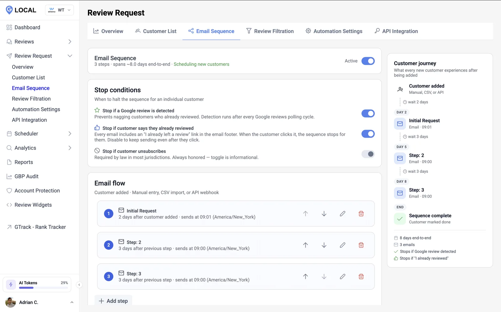 GLocal email sequence builder for automated Google review requests — a multi-step drip with stop conditions and a per-customer journey timeline.