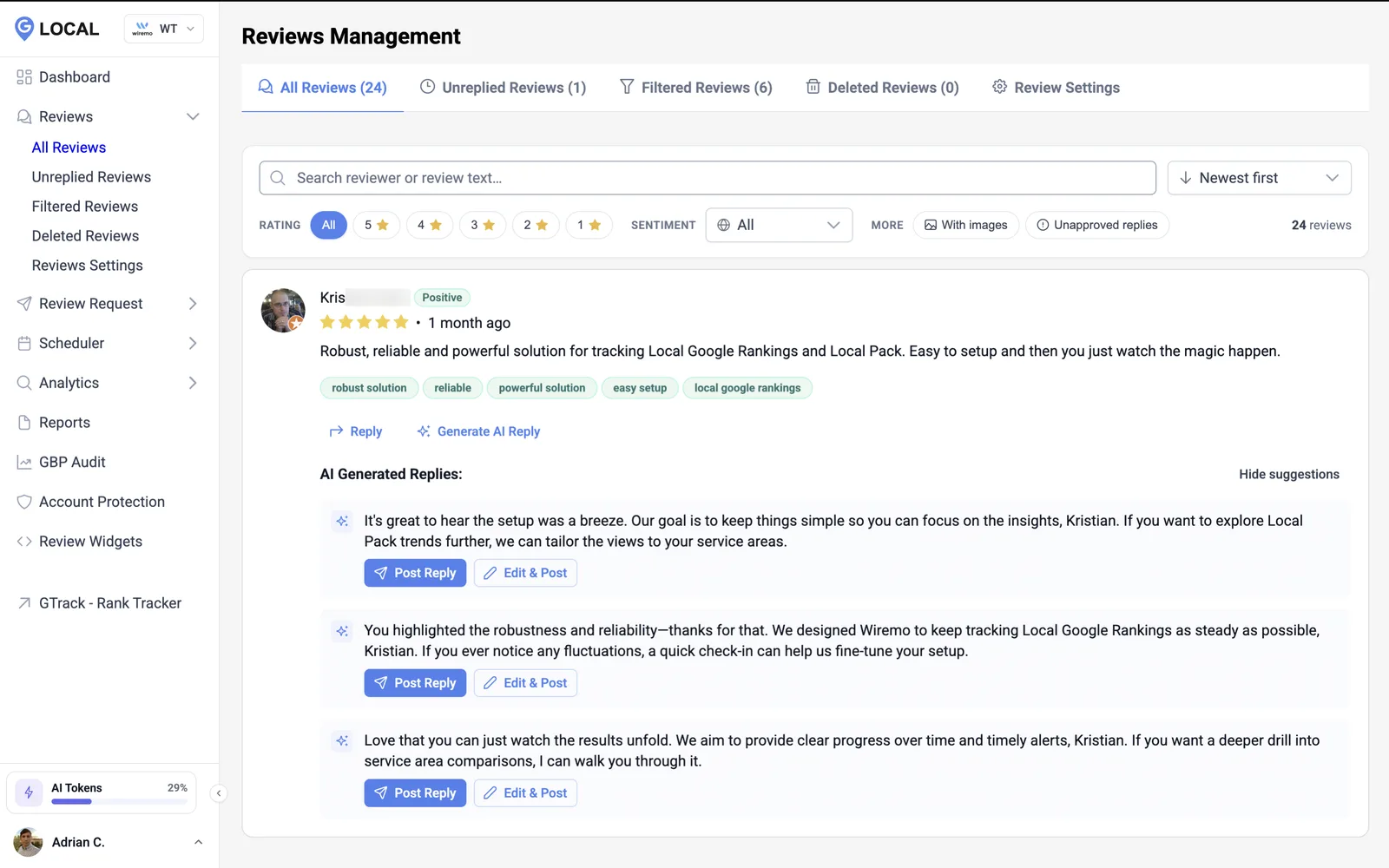 GLocal reviews inbox showing every Google review with sentiment tags, extracted keywords, and AI-generated reply suggestions in the business's brand voice.