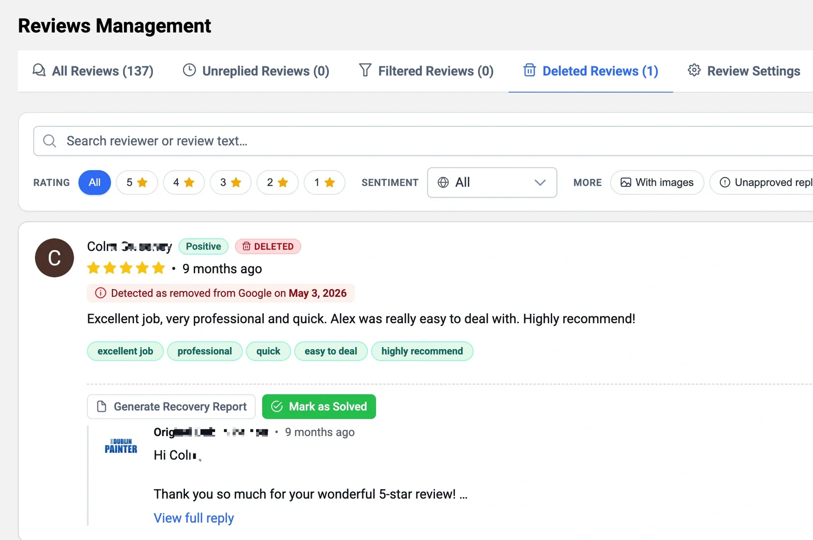 GLocal Deleted Reviews tab, close up: a five-star review marked DELETED, the line Detected as removed from Google on May 3, 2026, its keyword tags, and the buttons Generate Recovery Report and Mark as Solved