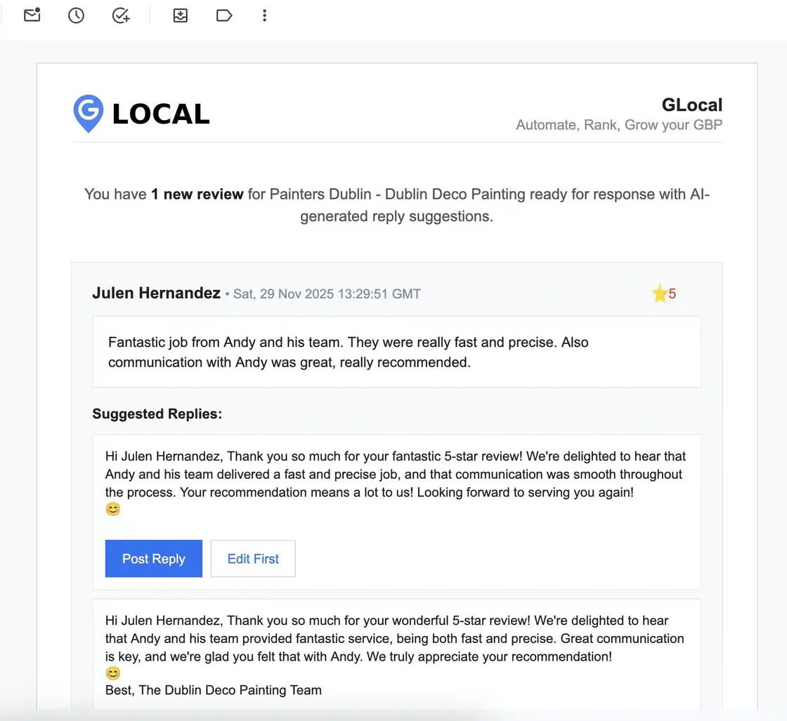 The GLocal email for a new five-star Google review: the review text, then suggested replies with Post Reply and Edit First buttons