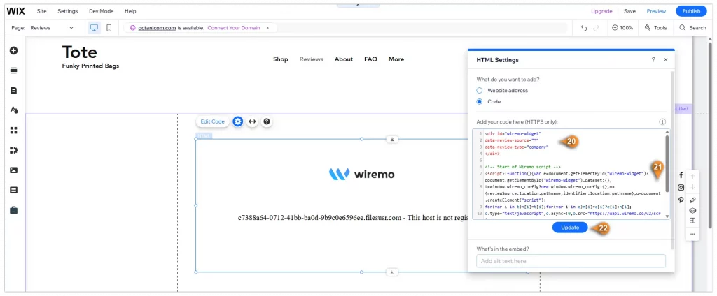Embed the Wiremo Code in Wix