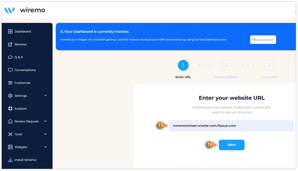 Insert Your WIX Website URL in Wiremo