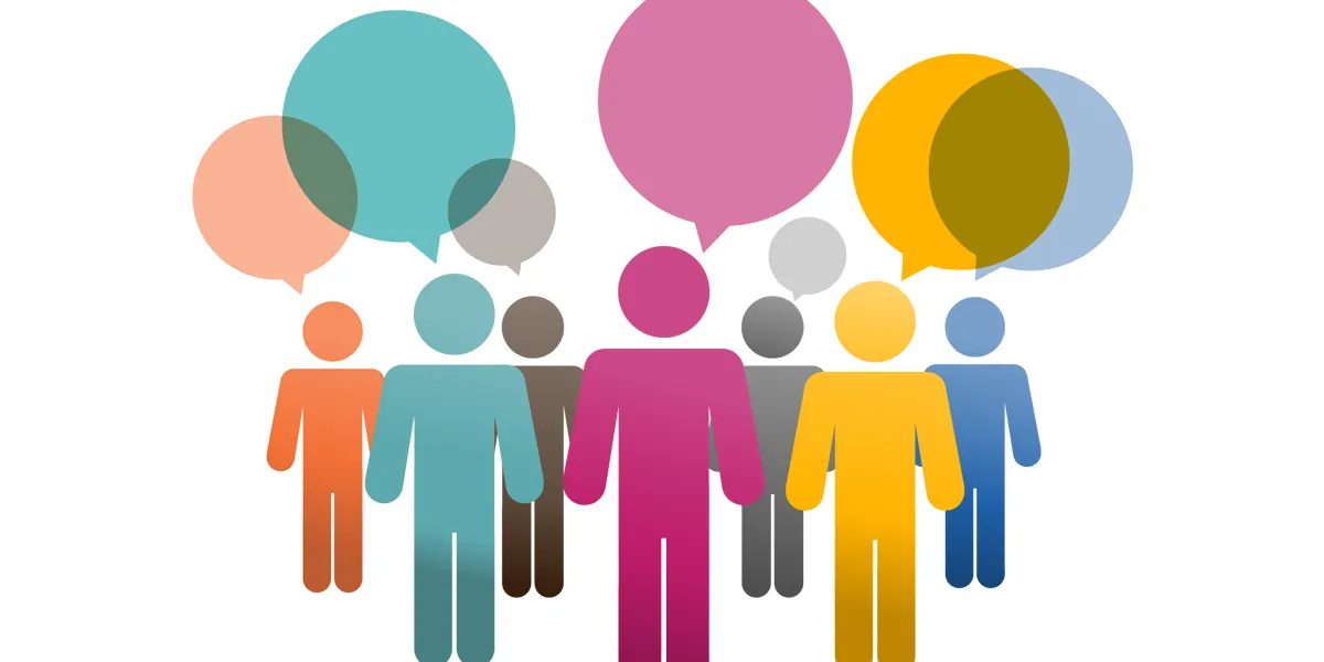 Colorful group of illustrated people with speech bubbles representing customers sharing Rewardful Reviews