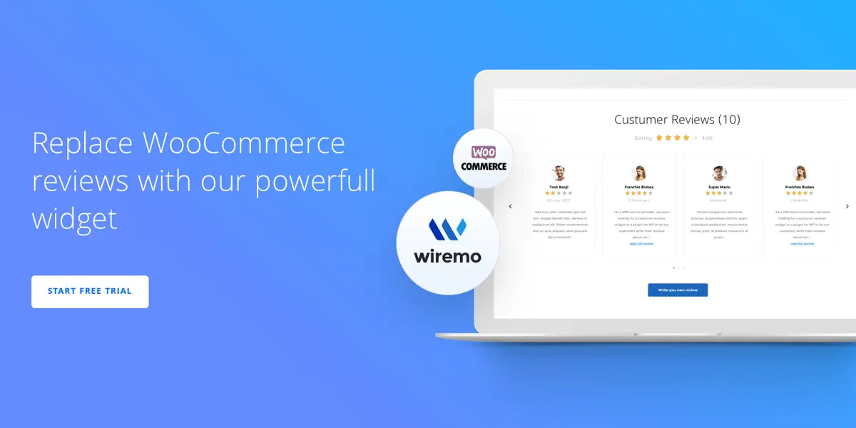 Wiremo plugin for WooCommerce review widget displayed on a laptop screen