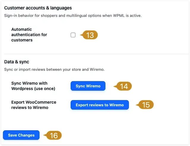 How to setup and use Wiremo plugin for WooCommerce on WordPress 10 Wiremo customer accounts and data sync settings with Sync and Export reviews buttons