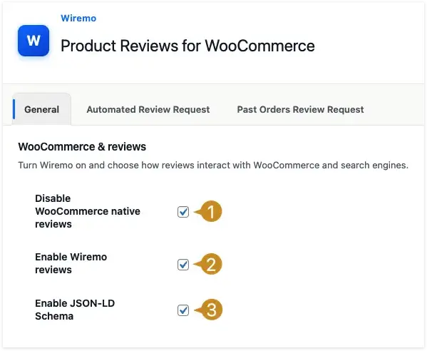How to setup and use Wiremo plugin for WooCommerce on WordPress 6 Wiremo General settings tab with WooCommerce reviews options enabled