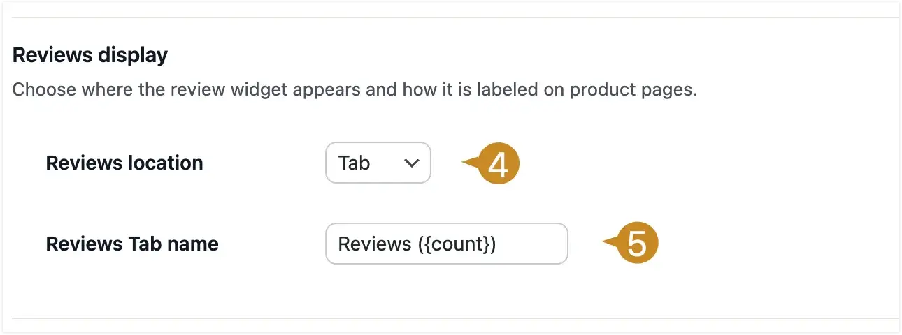 How to setup and use Wiremo plugin for WooCommerce on WordPress 7 Wiremo Reviews display settings with Tab selected as location and Reviews Tab name field