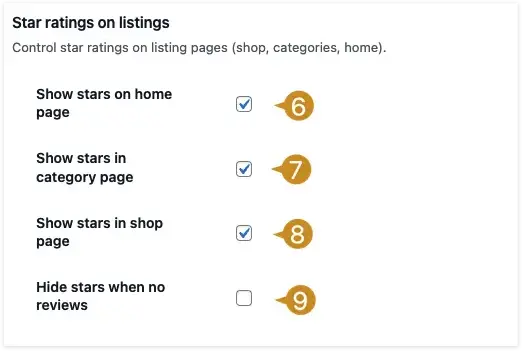 How to setup and use Wiremo plugin for WooCommerce on WordPress 8 Wiremo star ratings on listings settings with home, category and shop page options enabled