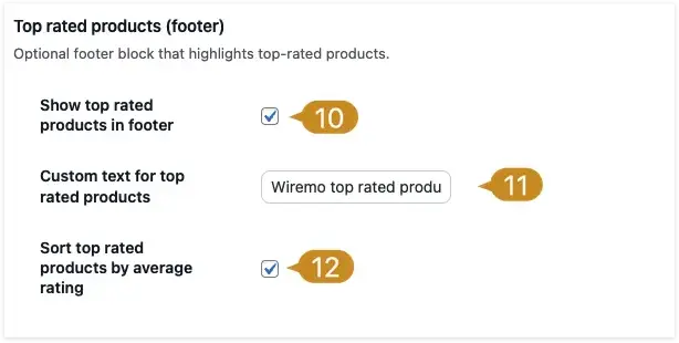 How to setup and use Wiremo plugin for WooCommerce on WordPress 9 Wiremo top rated products footer settings with custom text and sort by average rating enabled