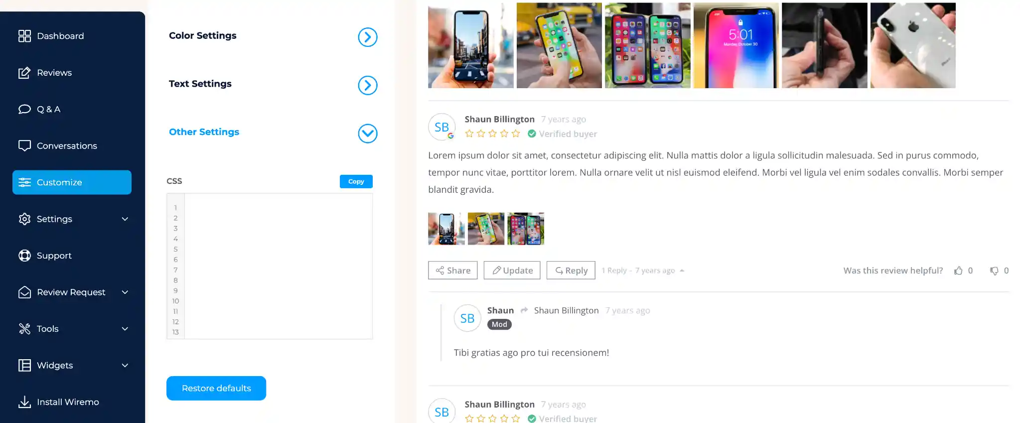 Wiremo dashboard CSS customization options for review widget