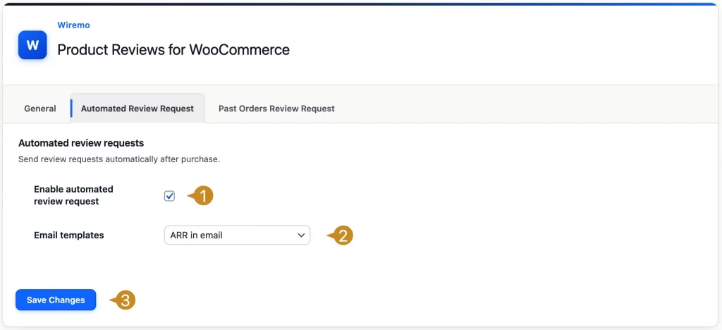How to setup Automated Review Request in WooCommerce plugin 2 Wiremo Automated Review Request tab with email template settings in WooCommerce