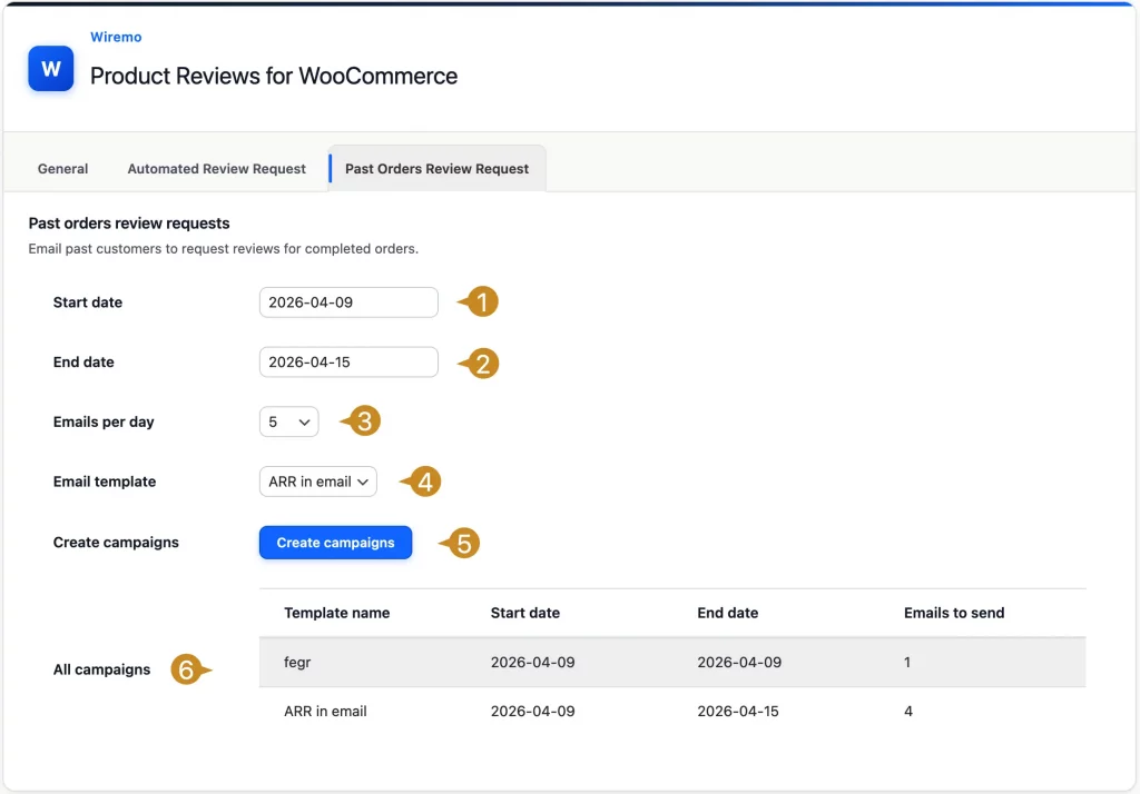 How to setup Past Orders Review Request in WooCommerce plugin 2 Wiremo Past Orders Review Request tab with date range, email template and campaign list
