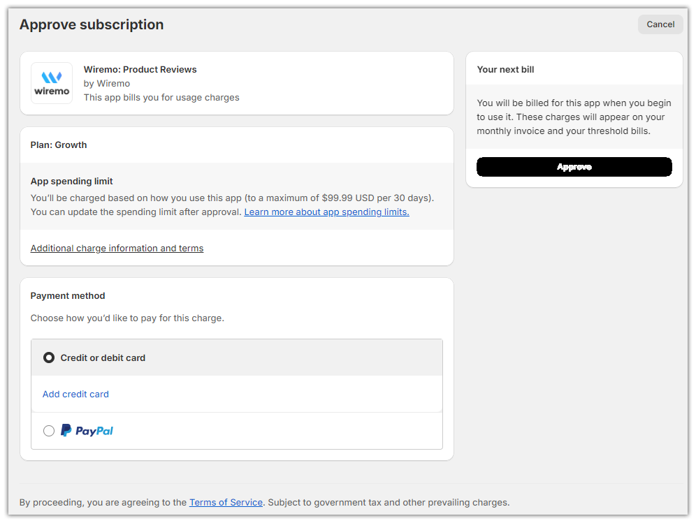 Approve Wiremo subscription Shopify
