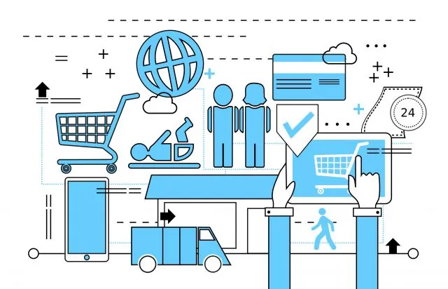 Collect and use reviews strategy illustrated with eCommerce, customers, and digital feedback icons