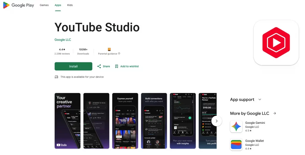youtube studio app page on the Google Play Store with reviews, features, and install button