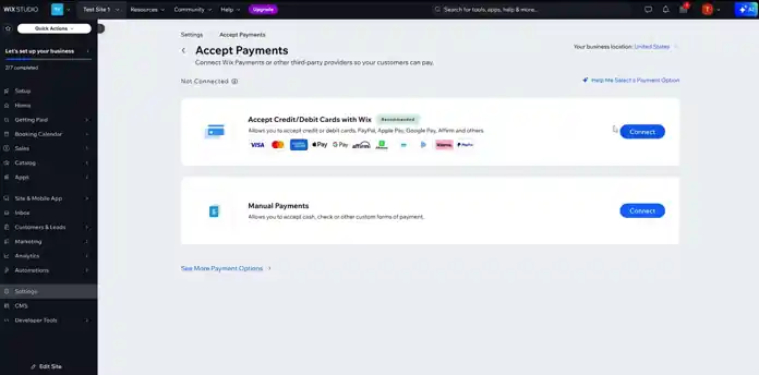 Wix Accept Payments settings page showing credit/debit card setup and manual payment options.