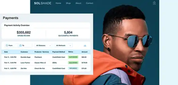 Wix payments dashboard showing gross income, successful payments, and customer transactions.