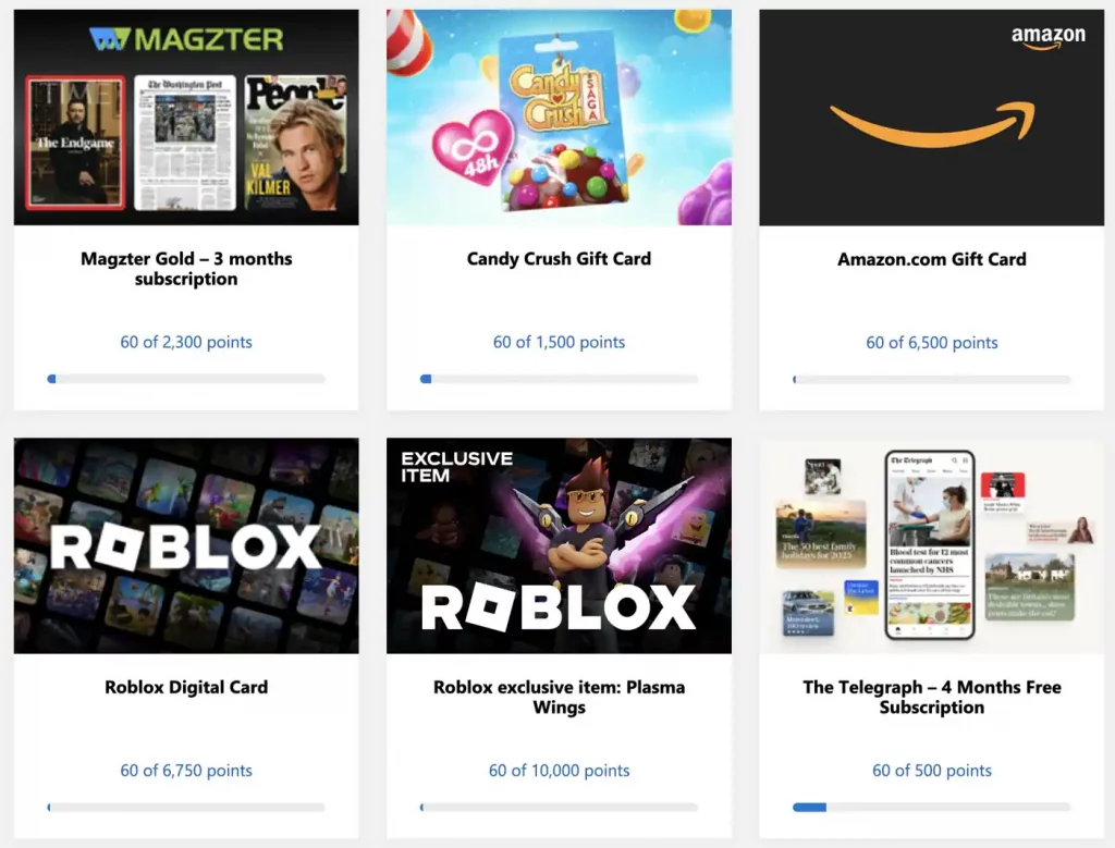 Microsoft Rewards redemption screen showing gift cards, subscriptions, and Roblox digital rewards.