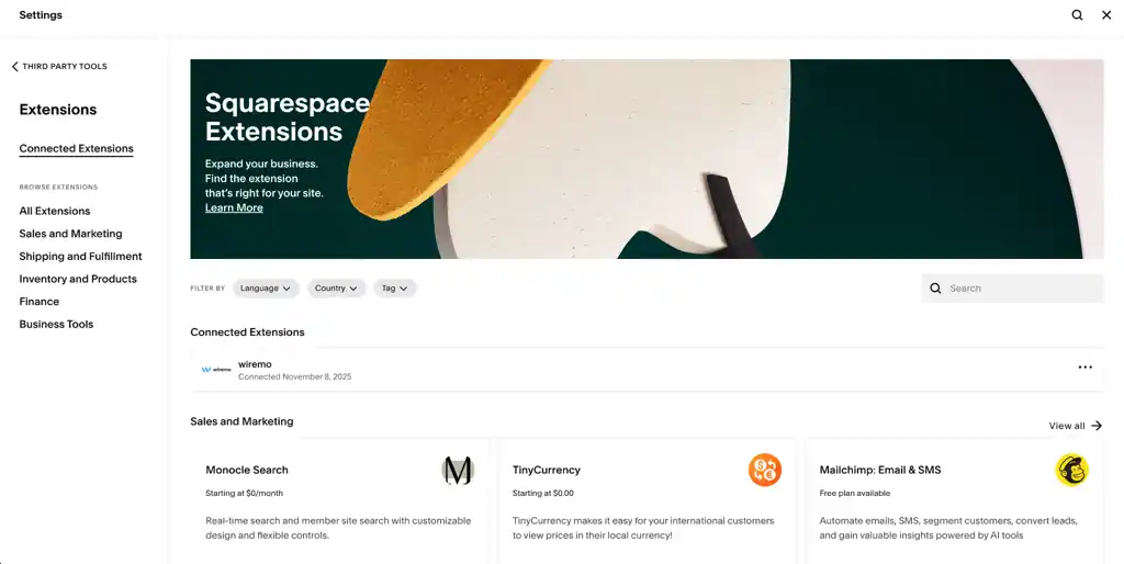 Squarespace Plugins and Extensions dashboard showing connected extensions, filters, and marketing plugins like Monocle Search, TinyCurrency, and Mailchimp.