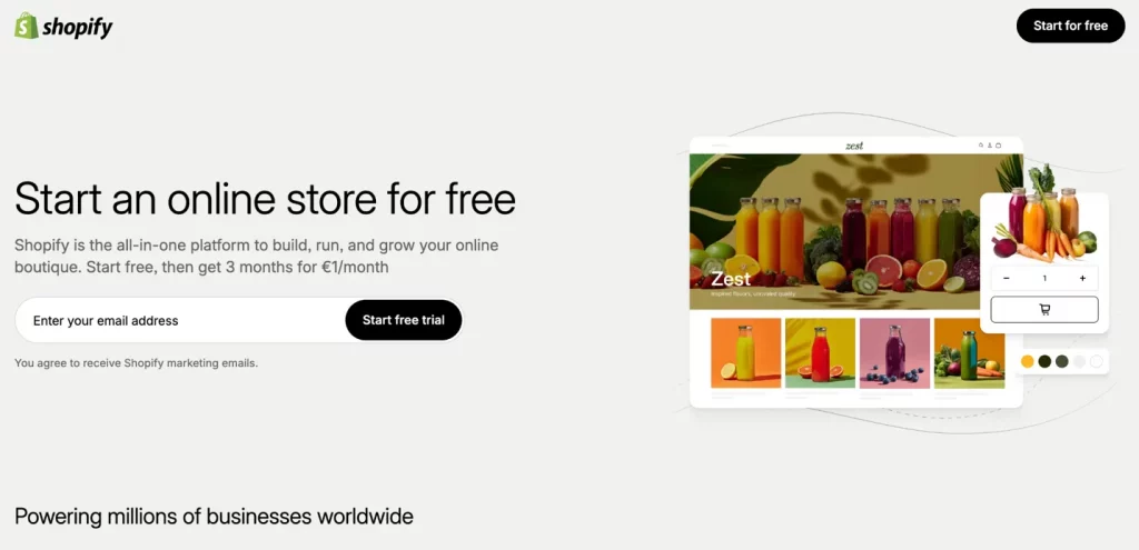 Shopify homepage promoting free online store setup with product images, representing Shopify fees and cost calculations
