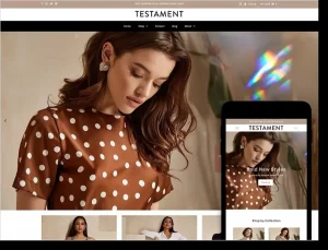 Testament Shopify Theme – fashion ecommerce homepage displayed on desktop and mobile
