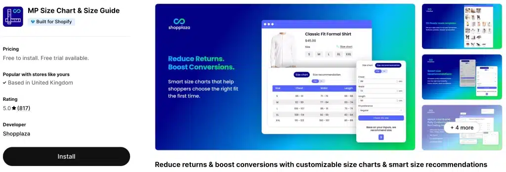 shopify size chart app interface showing product size guide and fit recommendation tool