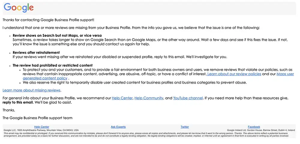 Google Reviews Missing? What’s Happening & How to Fix It 8 Confirmation email from Google support