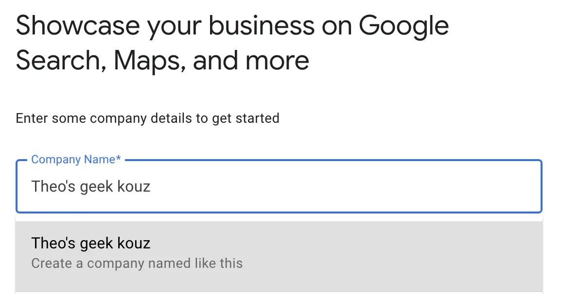 Google Business Profile creation screen prompting user to enter their company name