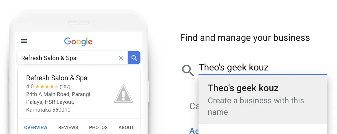 Google Business Profile Manager showing option to create a business when no existing match is found