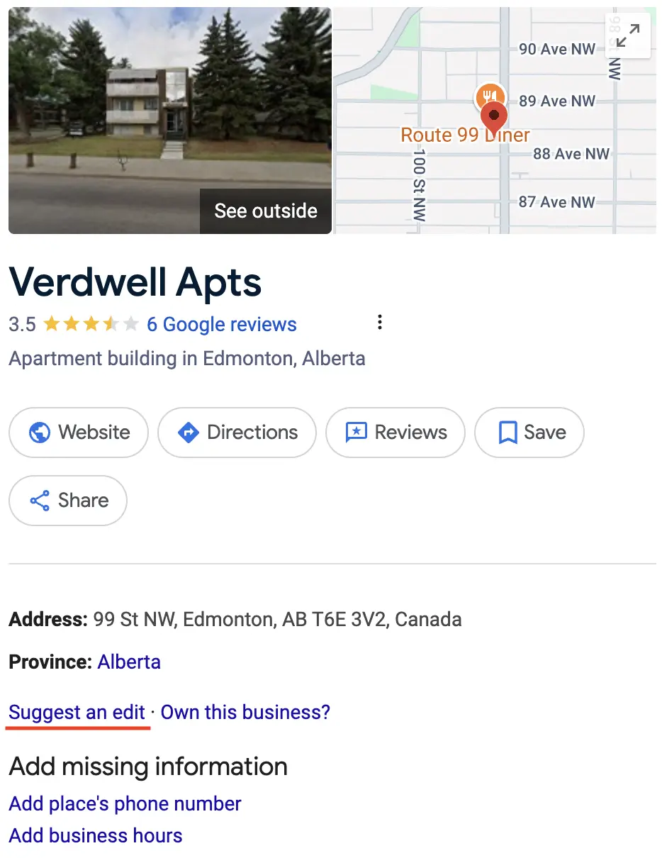 Google Business Profile panel showing the “Suggest an edit” link for Verdwell Apts in Edmonton