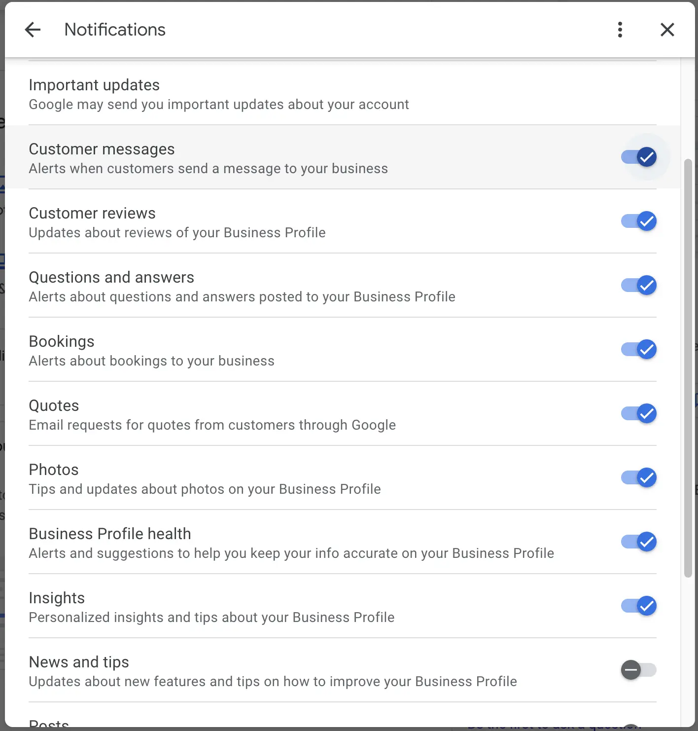 List of Google Business Profile notification options with toggles for messages, reviews, Q&A, and more