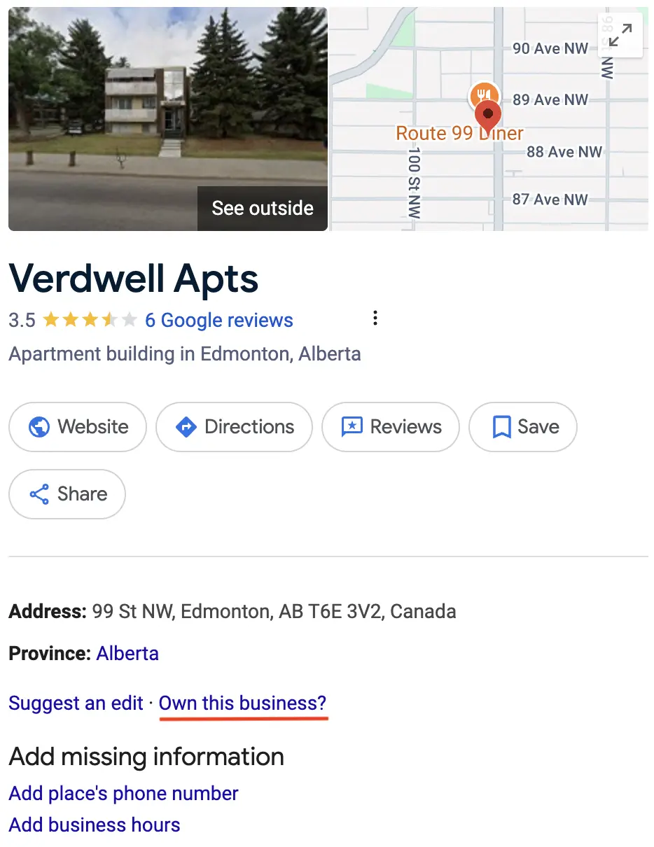Google Business Profile with “Own this business?” link displayed under Verdwell Apts listing