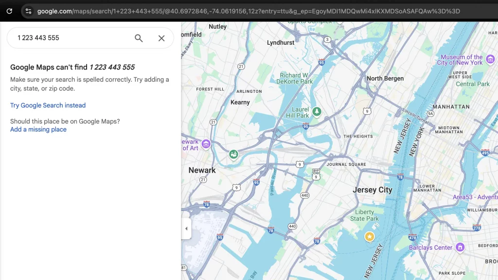 Google Maps search for business phone number showing can't find result in Jersey City area