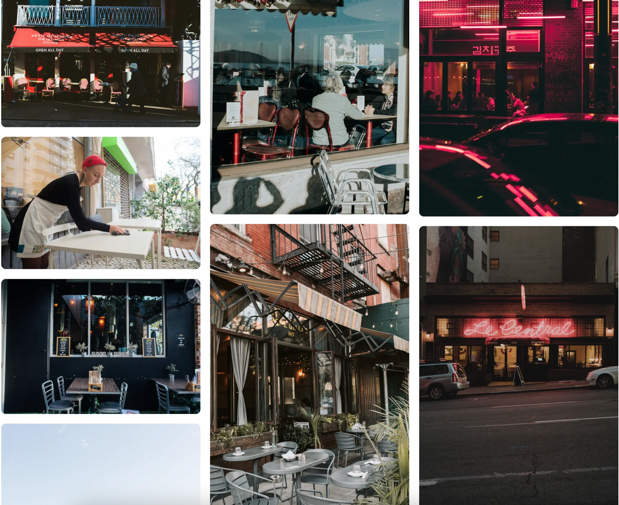 Restaurant and cafe exteriors including storefronts, signage, and patio seating for Google Business Photos