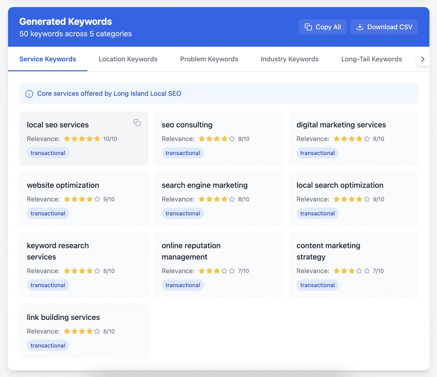generated keywords for Long Island local SEO services