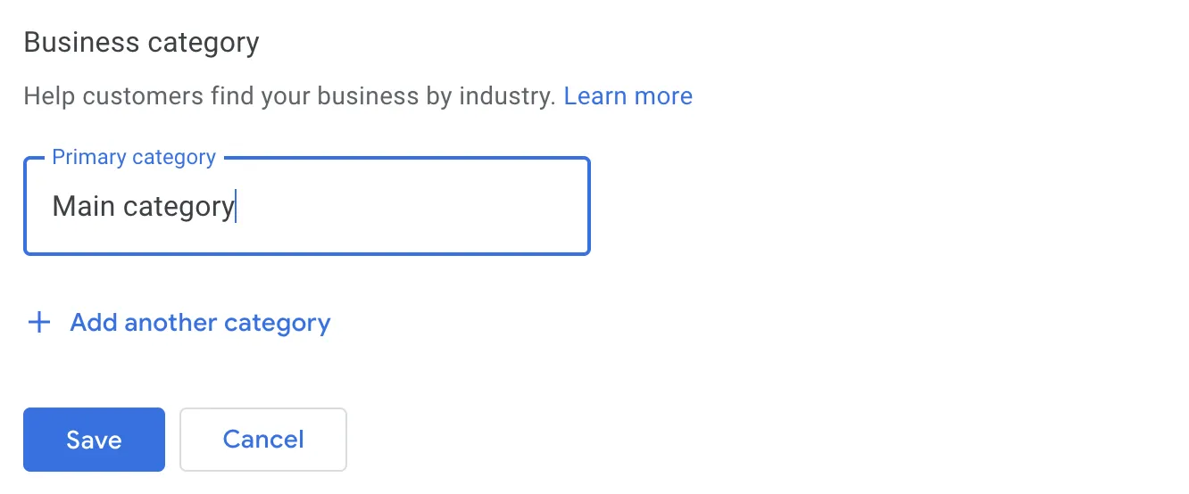 Google Business Profile form for selecting a primary business category and adding additional categories.