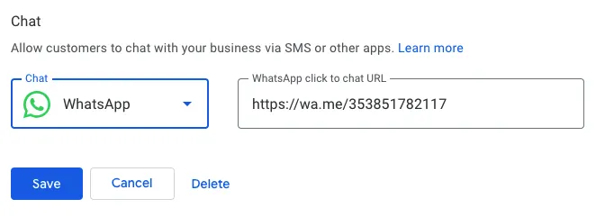 Google Business Profile screen showing WhatsApp chat integration with a click-to-chat URL.