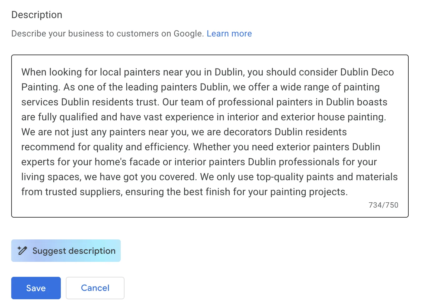 Google Business Profile form with a filled-in business description showing a sample about painting services in Dublin.